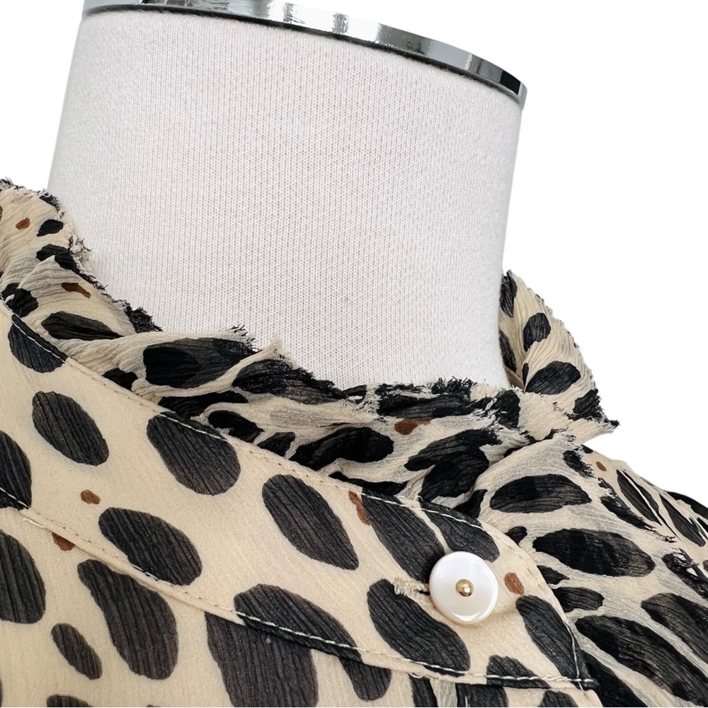 J. Crew Silk Leopard Animal Print Ruffle Blouse Cream Ivory Tan Black Sz 6 - Picture 7 of 17